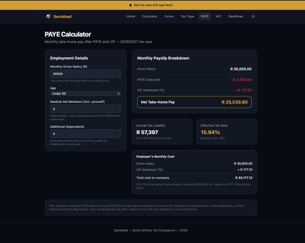 SarsMaat web app: PAYE Calculator